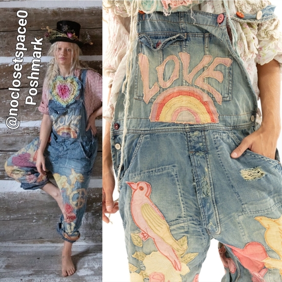 New Magnolia Pearl Love Applique Overalls Woodstock 039 Overall Denim Jean Jeans - Picture 11 of 17